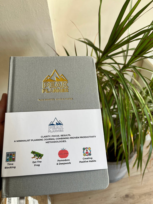 Peak Planner A5 productivity planner gray cover with gold logo